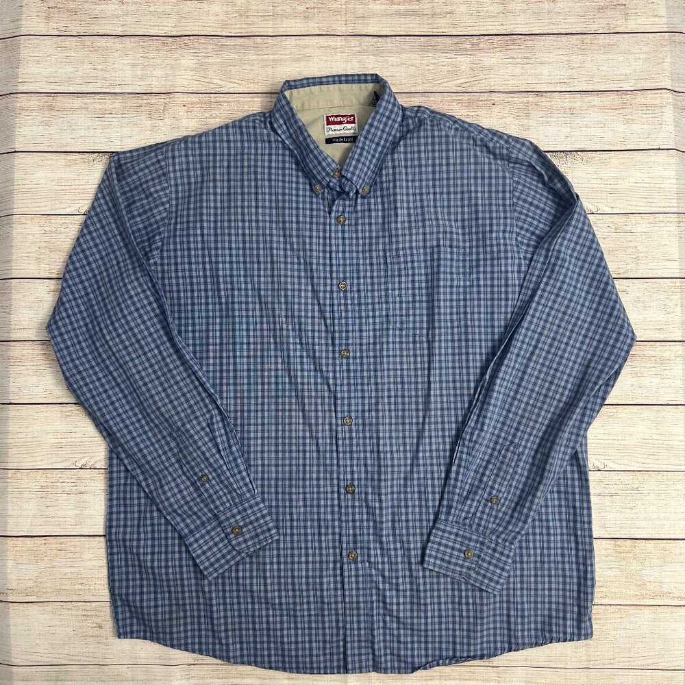 Wrangler Premium Quality Men's Blue Plaid Long Sleeve Button Up Shirt‎ XL